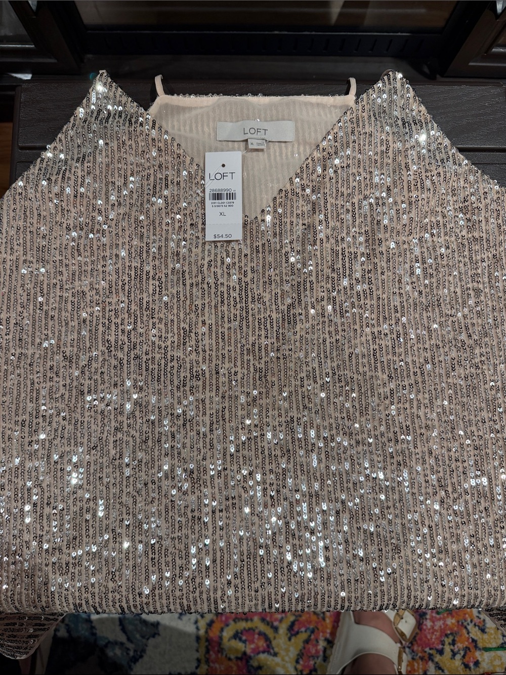 LOFT Champagne-Beige Sequin V-Neck Top